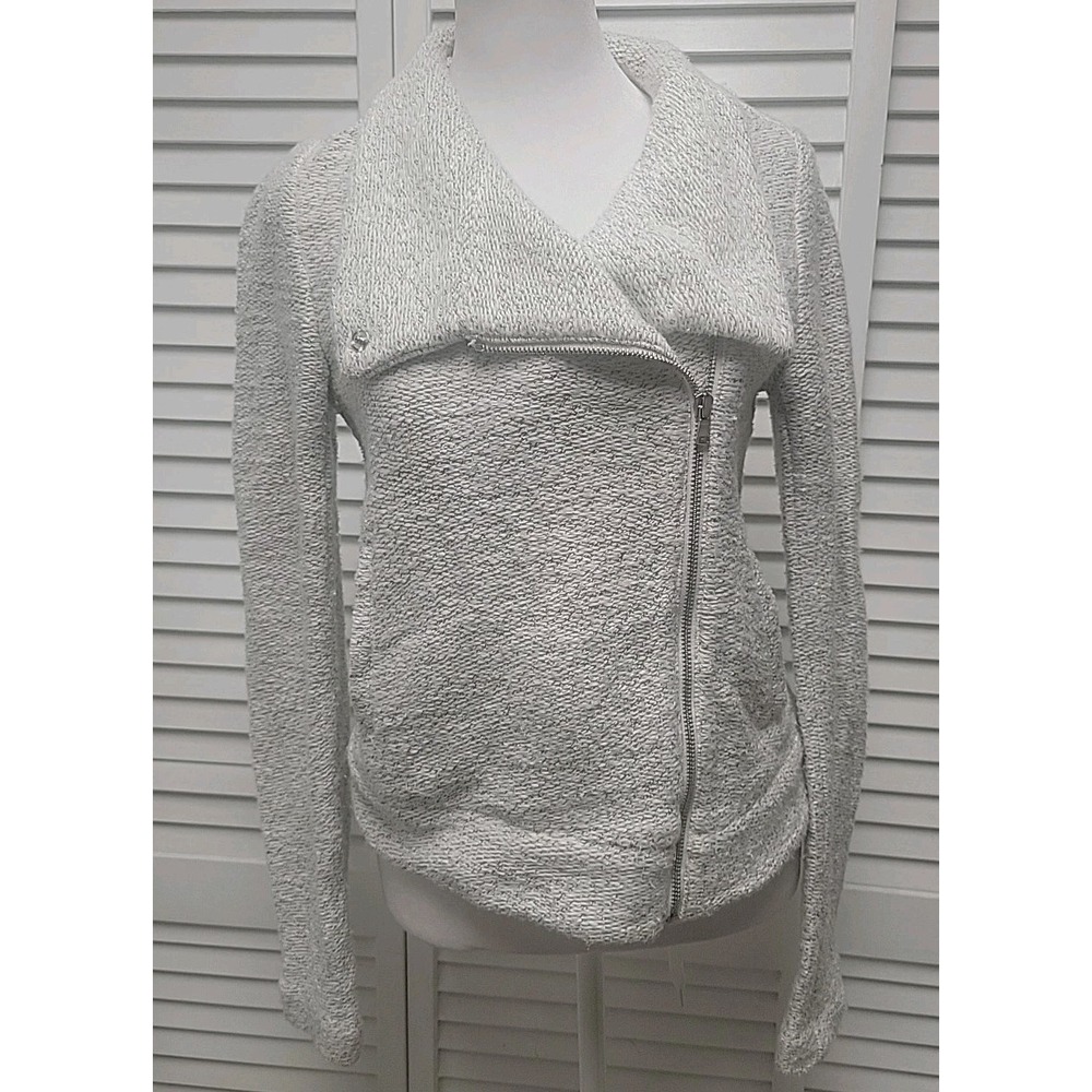Loft Women's Cotton Moto Jacket White Oatmeal SZ XS Assymetrical Zip With Snaps